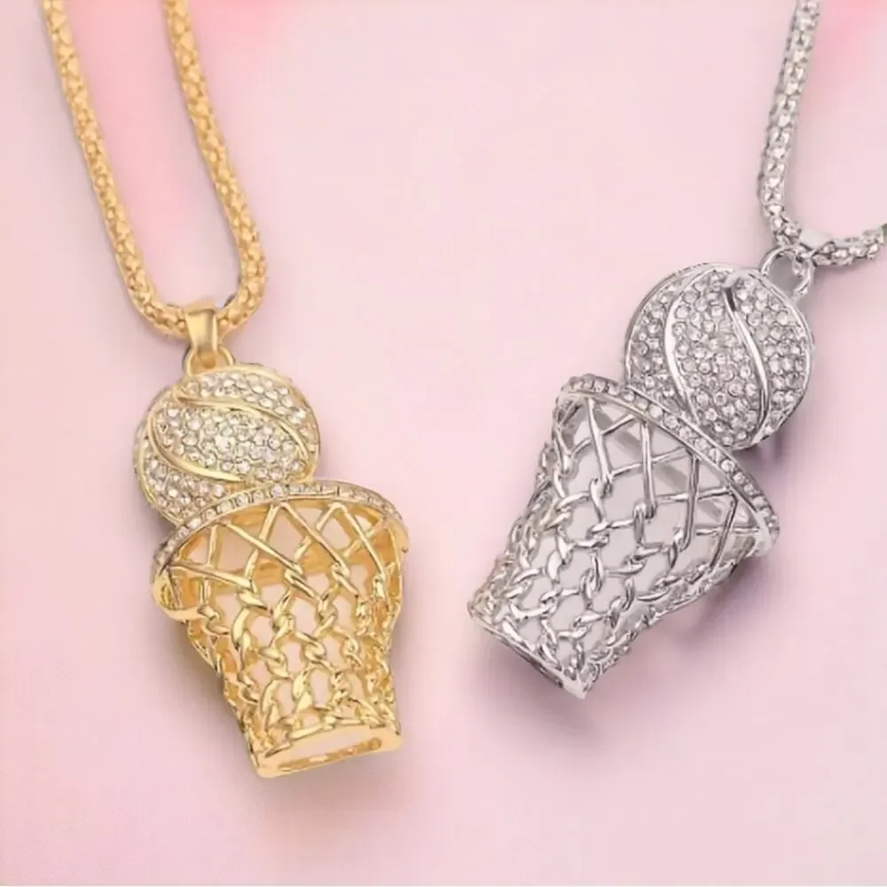Basketball Necklace Gold Tone with Rhinestones 24” Chain
